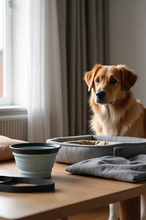 Hundägare använder hopfällbar skål och handduk i hotellrummet med hund.
