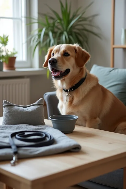 Hund som vilar på filt hemma som förberedelse inför hotellvistelse.