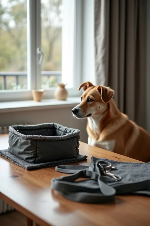 Förberedelser hemma inför hotellvistelse med hund med packade hundsaker på bordet.