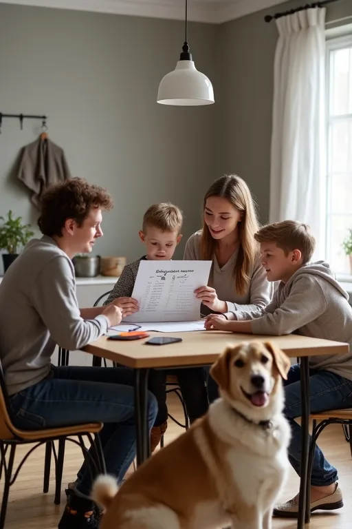 Lugn hund nära familj som tittar på hundval och vardagsbehov i hemmet