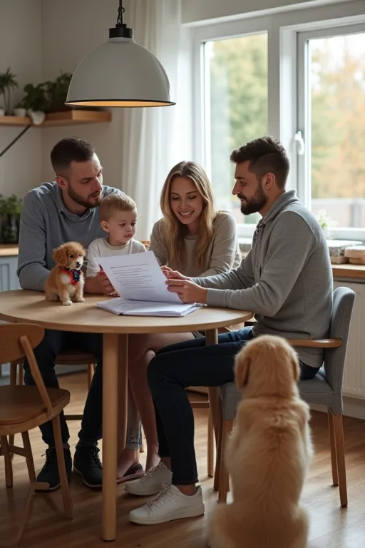 Familj som använder en planeringslista för hundvardag med praktiska förberedelser hemma