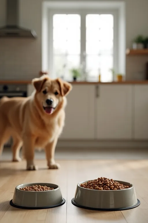 Hundägare som jämför vuxenfoder och portionsstorlek i köket