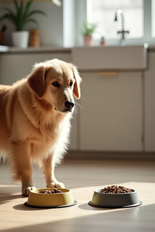 Stor hund vid matskål med vuxenfoder i vardaglig hemmiljö