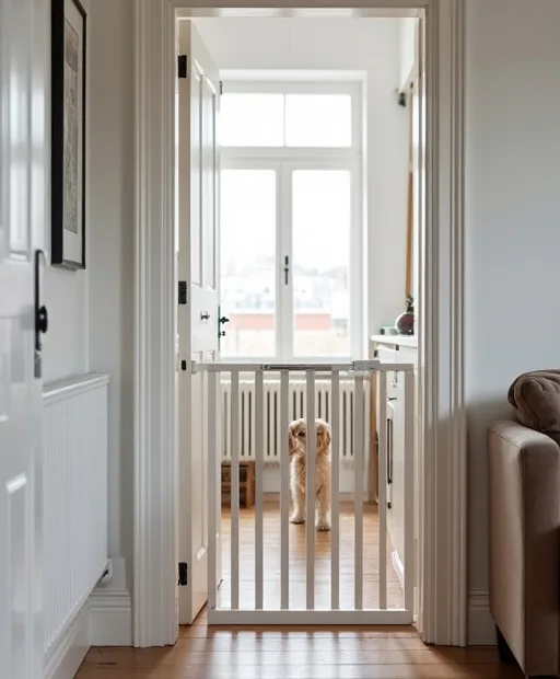 Ett förberett hem med barngrind och hundhage inför att en hund ska flytta in.