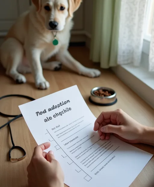 Person som går igenom en checklista inför att köpa hund eller adoptera hemma vid köksbordet.