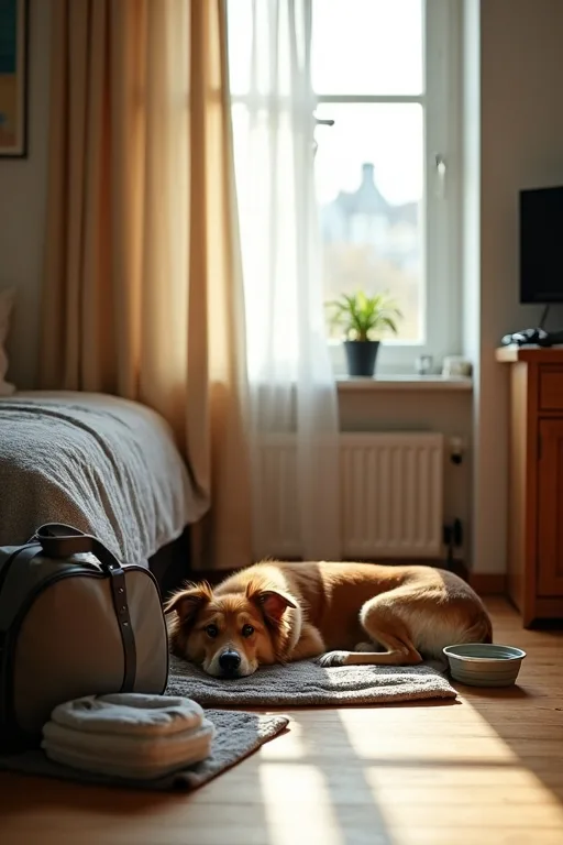 Hund som vilar lugnt inför natt i hotellrum med egen filt och resväska i bakgrunden.