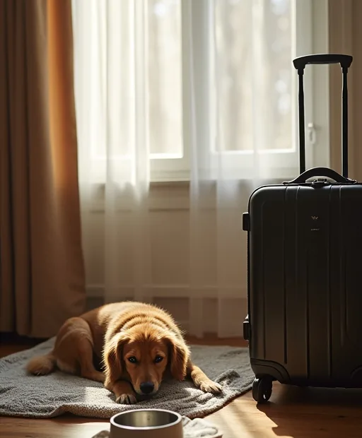 Hund som vilar på en filt i ett hotellrum med hopfällbar skål och handduk bredvid.