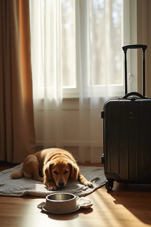 Hund som vilar på en filt i ett hotellrum med hopfällbar skål och handduk bredvid.