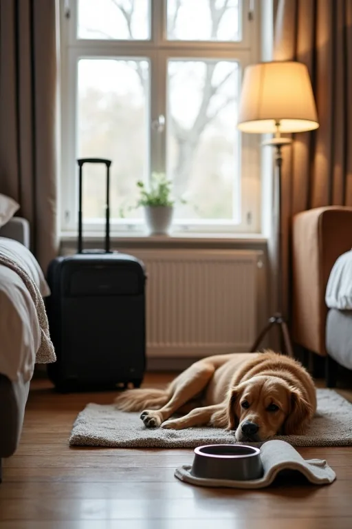 Packning för boende med hund med skål, handduk och filt redo för övernattning.