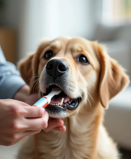 En hund som vänjs vid tandborstning hemma med borste och tandkräm.