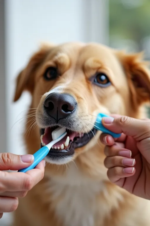 En lugn hund som får vänja sig vid munhantering hemma.