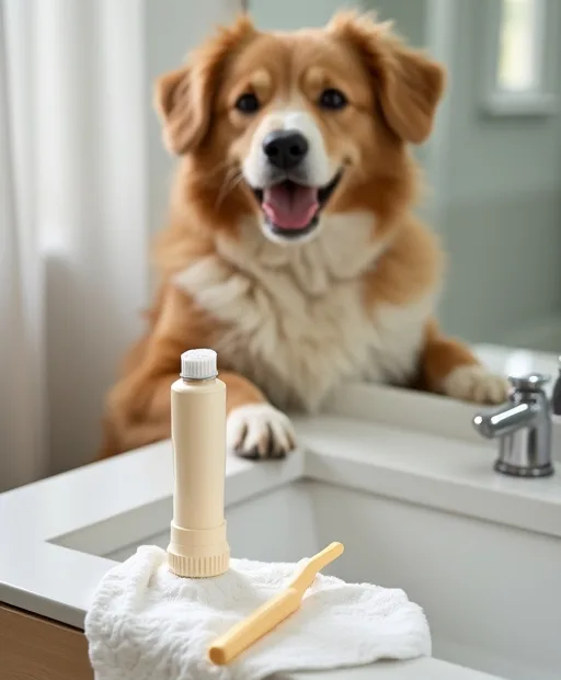 Tandborstkit och rengöringsservetter för hund på ett badrum i hemmet