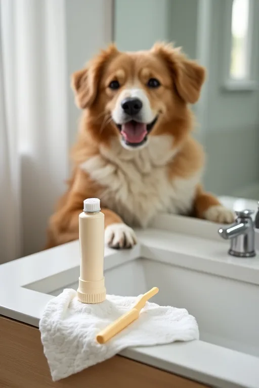 Tandborstkit och rengöringsservetter för hund på ett badrum i hemmet