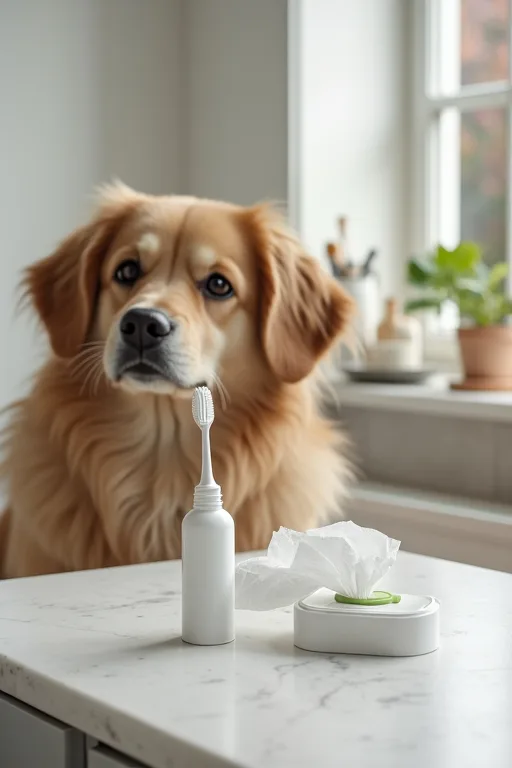 Hundägare förbereder tandvård hemma med enkla produkter på badrumsbänken