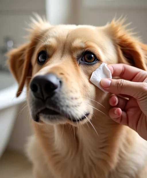 En hund får varsam ögonvård hemma med en mjuk rengöringsservett.