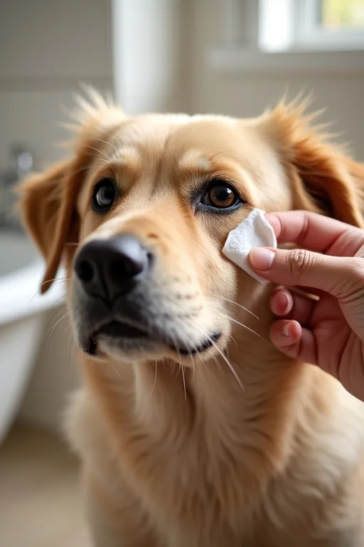 En hund får varsam ögonvård hemma med en mjuk rengöringsservett.