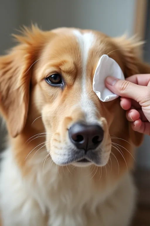 En hund i ett lugnt hem där ägaren följer en enkel rutin för ögonvård.