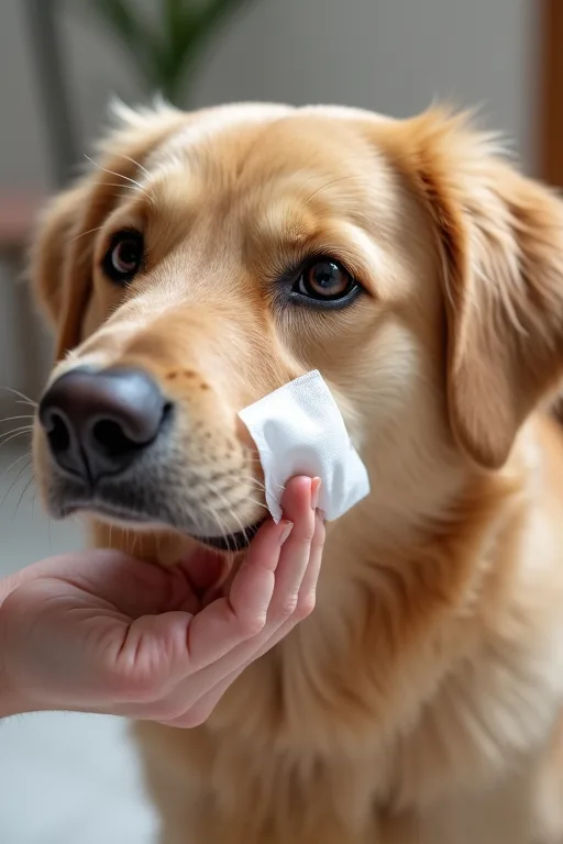En hund sitter lugnt medan ägaren förbereder varsam ögonvård hemma.