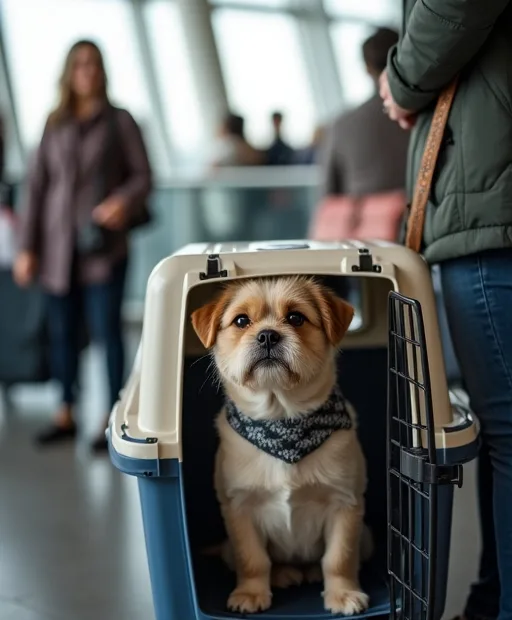 Hund i flyggodkänd transportväska på flygplatsen med resedokument och vattenflaska
