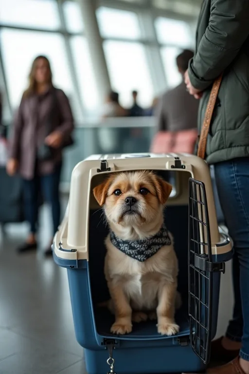 Hund i flyggodkänd transportväska på flygplatsen med resedokument och vattenflaska