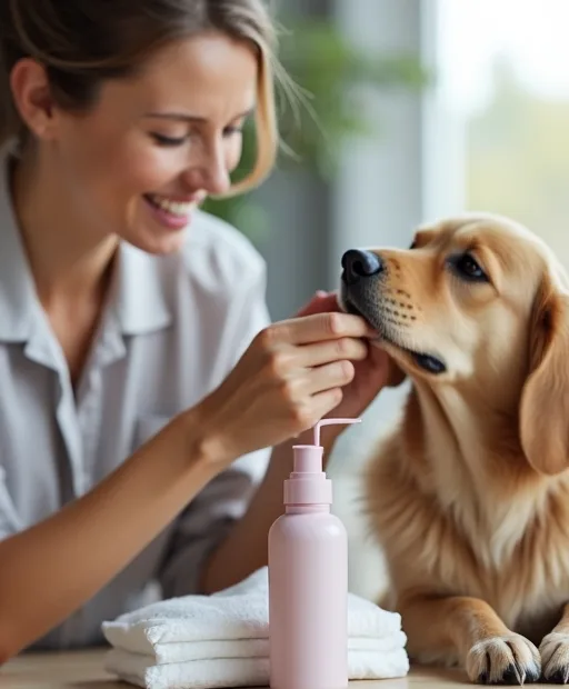 Hundägare som försiktigt vårdar hundens öron hemma med rengöring och våtservetter