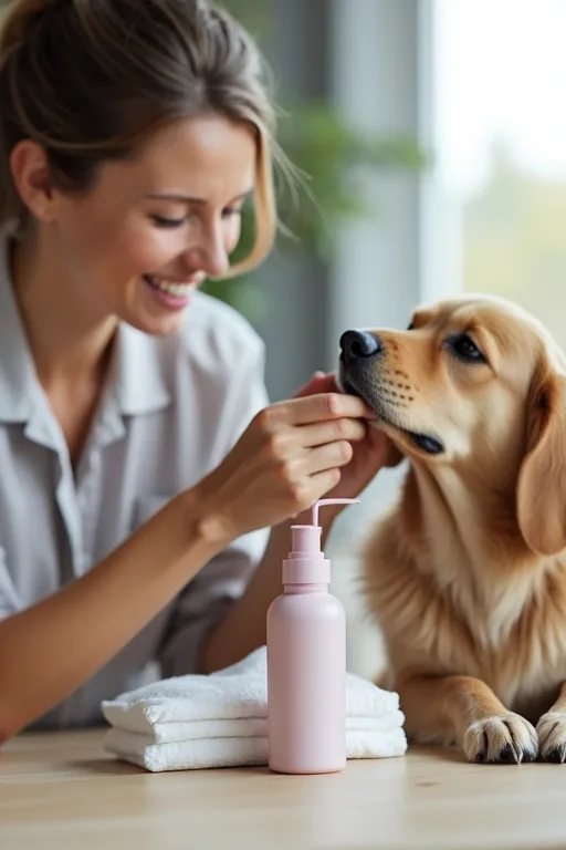 Hundägare som försiktigt vårdar hundens öron hemma med rengöring och våtservetter