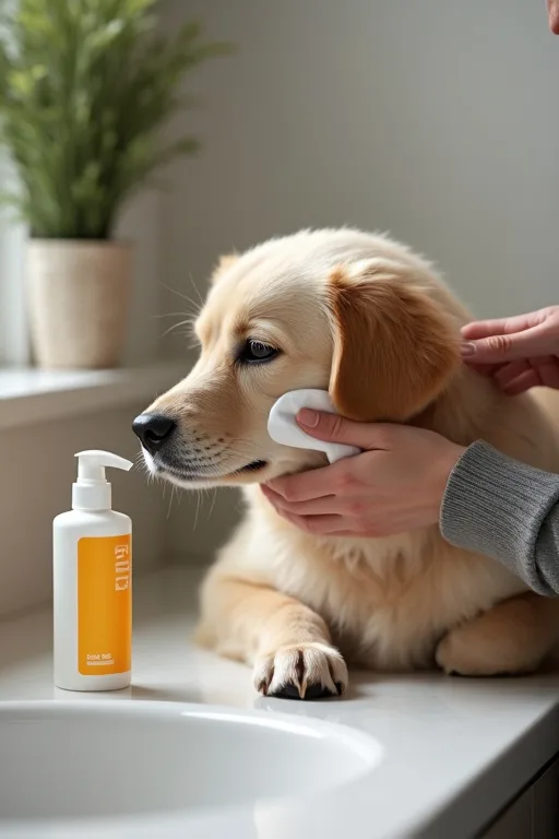 Närbild på lugn öronrengöring hemma där hundägaren arbetar metodiskt med hundens öra.