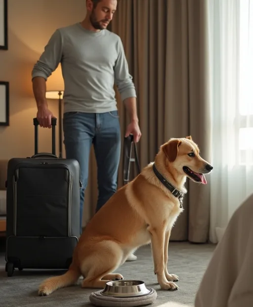 Hundägare packar inför hotellvistelse med hund och lägger fram skål, handduk och hundsäng.