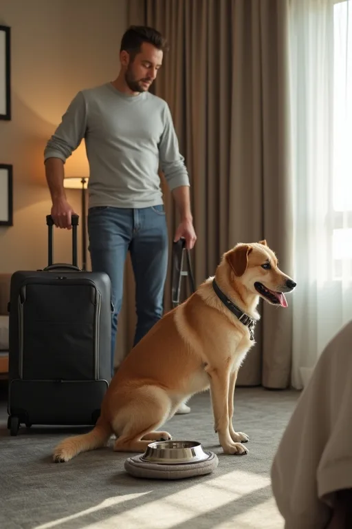 Hundägare packar inför hotellvistelse med hund och lägger fram skål, handduk och hundsäng.