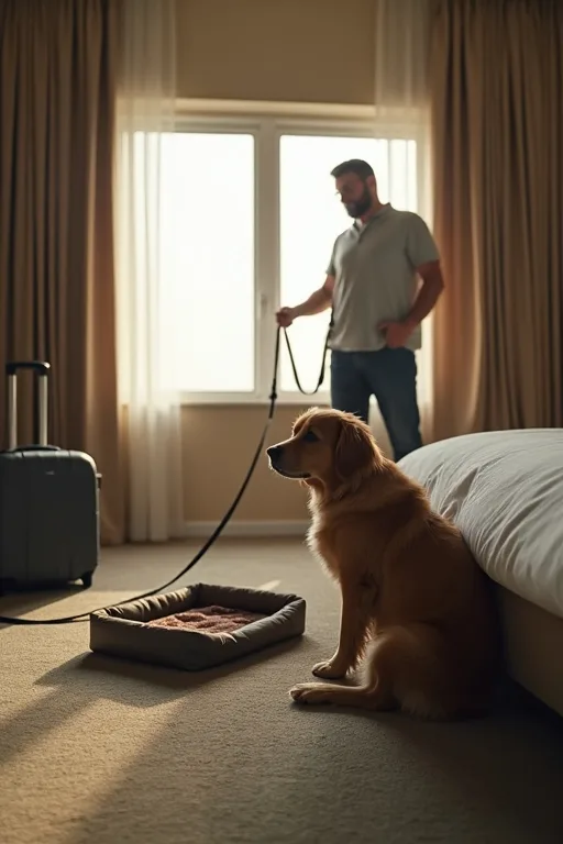 Hundägare i hotellrum som kontrollerar bokningsdetaljer inför övernattning med hund.