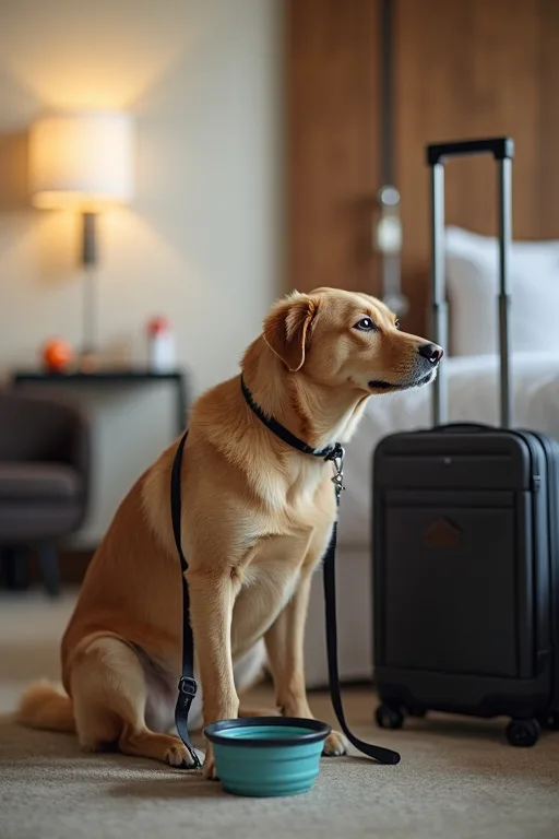 Hund ligger lugnt på filt i hotellrum medan ägaren förbereder vatten och kvällsrutin.