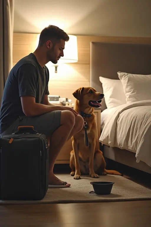 Packad väska med hundtillbehör inför hotellvistelse och lugn resa med hund.