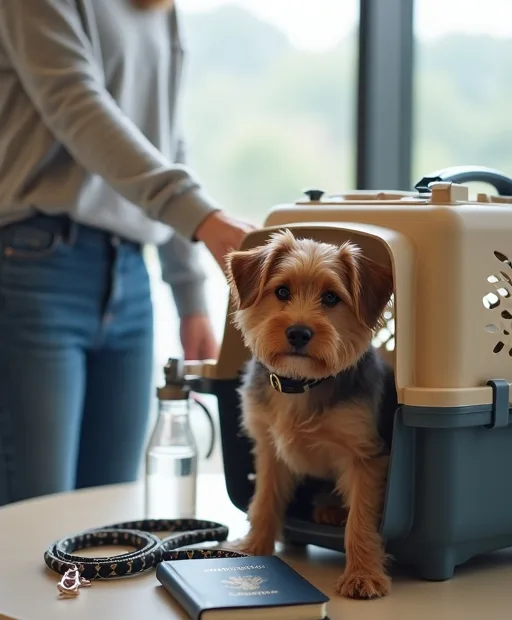 Hundägare som packar en flyggodkänd transportväska och reseprylar inför flygresa med hund