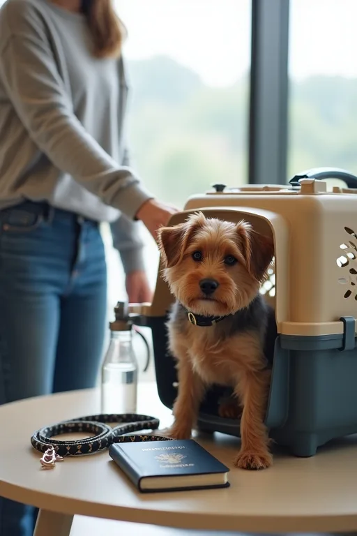 Hundägare som packar en flyggodkänd transportväska och reseprylar inför flygresa med hund