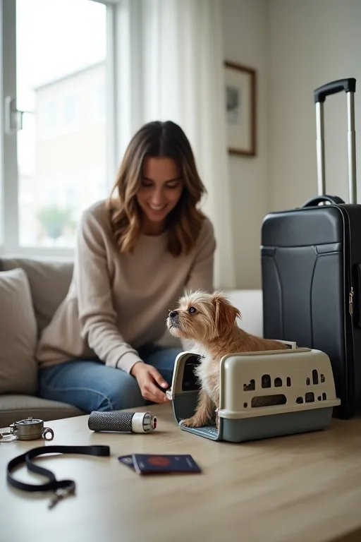 Lugn hund som vänjs vid transportväska och reseförberedelser hemma inför flygresa