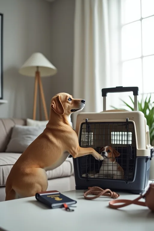 Närbild på reseförberedelser med dokument, sele och vattenflaska inför flygresa med hund
