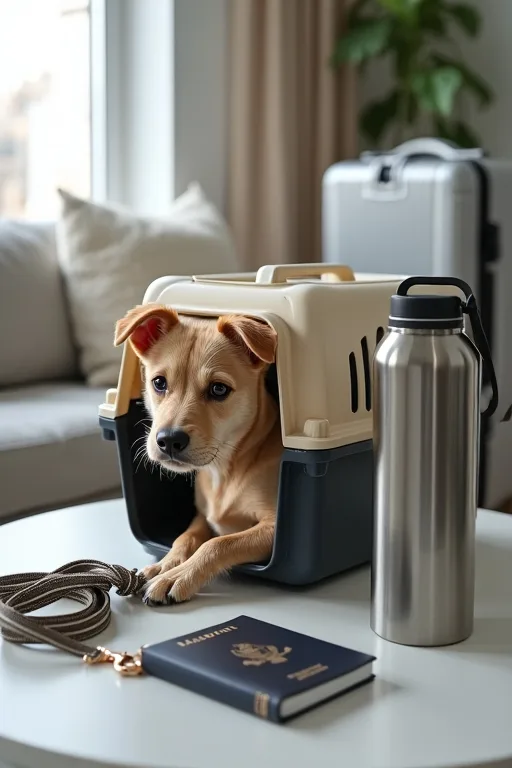 Flyggodkänd transportväska och reseprylar packade på ett lugnt sätt inför resa med hund