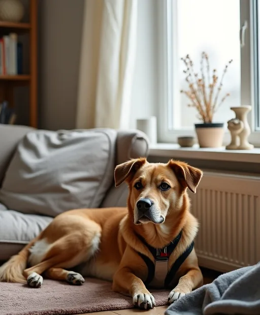 Familjevänlig hund i hemmiljö med sele och skyddsfilt i vardagen