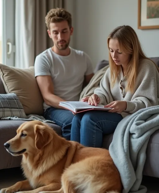 Familj som funderar på familjevänlig hundras med sele och skyddsfilt i vardagsrummet