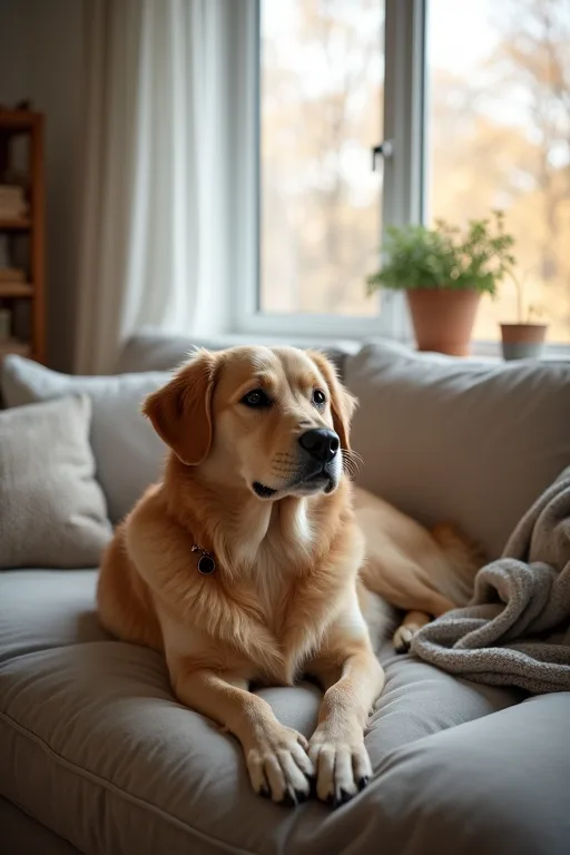Familjehund som vilar lugnt i en vardagsmiljö