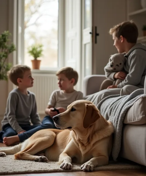 En familjevänlig hund som vilar i ett vardagsrum tillsammans med en barnfamilj.
