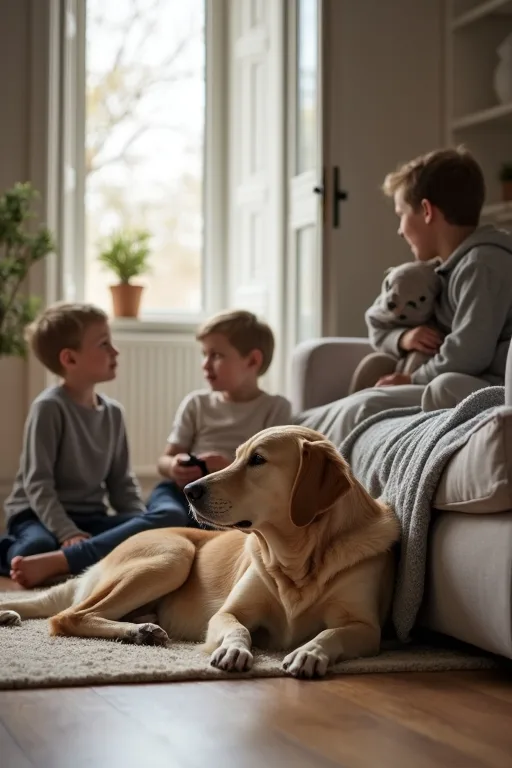 En familjevänlig hund som vilar i ett vardagsrum tillsammans med en barnfamilj.