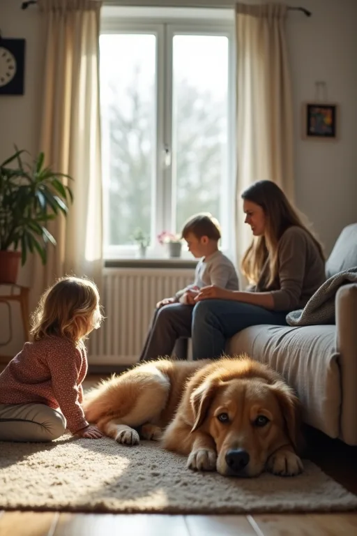 En familj och en hund i en lugn hemmiljö som visar hur vardagen kan se ut när hunden passar familjens tempo.