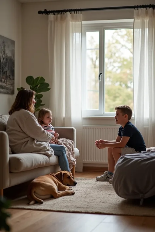 En praktisk familjesituation där hunden, hemmet och utrustningen är anpassade för vardagsliv.