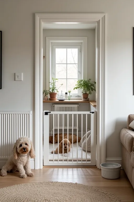 En lugn sovplats och matplats för en ny hund i ett svenskt hem