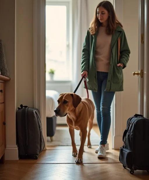 Hund och hundägare i ett hotellrum med hundvänliga reseprylar som skål och handduk