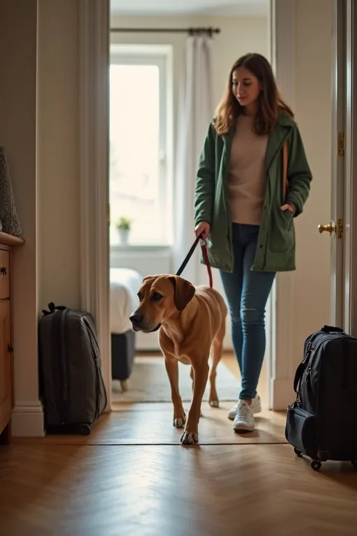 Hund och hundägare i ett hotellrum med hundvänliga reseprylar som skål och handduk