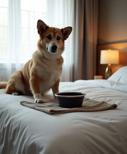Hundägare packar en hopfällbar skål och en mikrofiberhandduk inför hotellövernattning med hund.