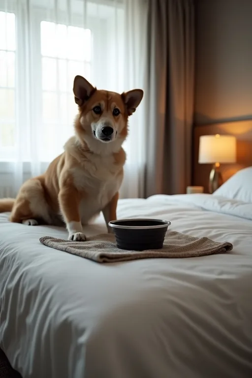 Hundägare packar en hopfällbar skål och en mikrofiberhandduk inför hotellövernattning med hund.