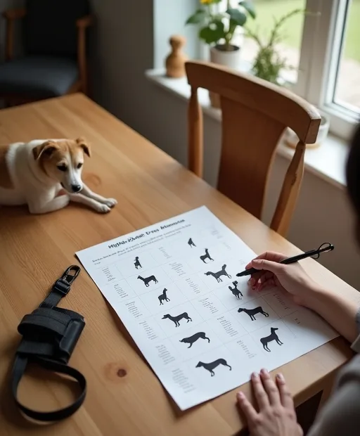 Person som jämför hundraser vid köksbordet med hundsele och koppel bredvid.